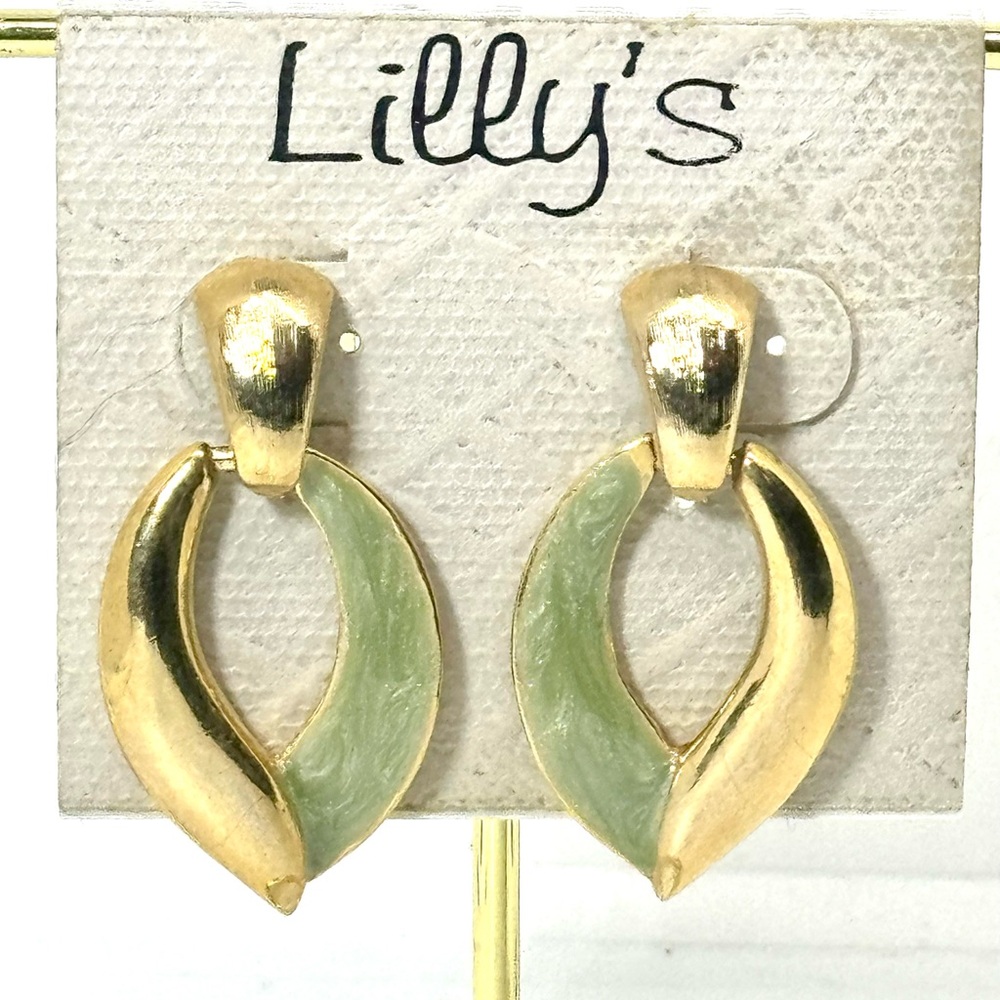 Vintage Gold & Mint Enamel Drop Earrings by Lilly’s - Classic & Elegant Design